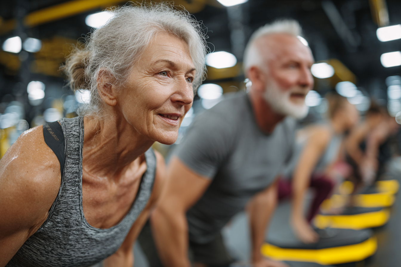 Група възрастни хора практикуват йога в парк