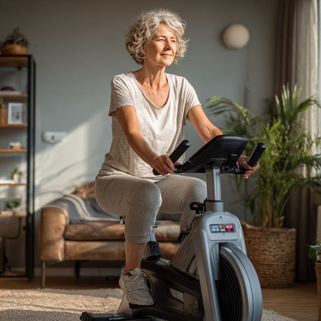 Възрастна жена практикува медитация в градина